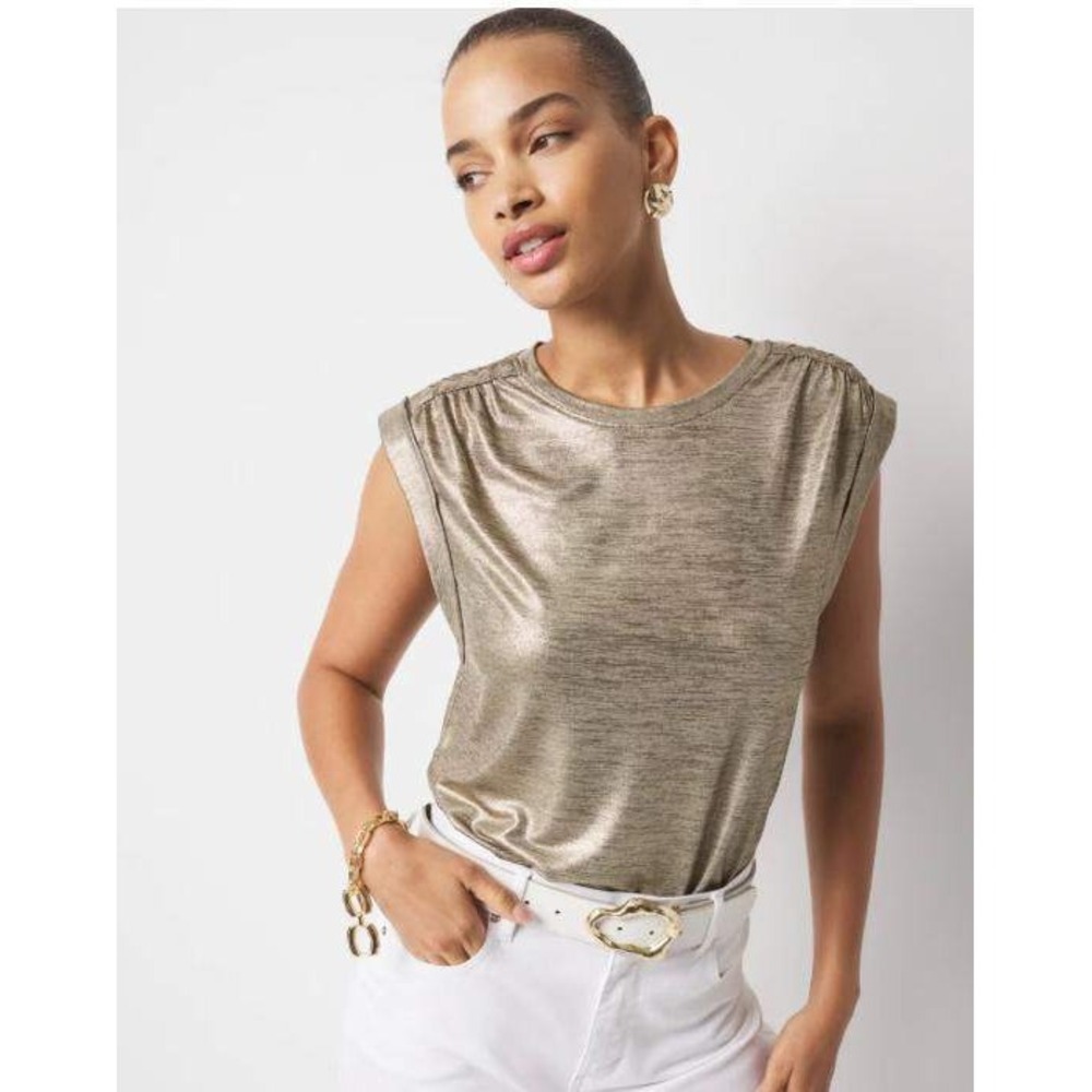 White House Black Market Gold Metallic Braided Shoulder Muscle Tee Top Medium